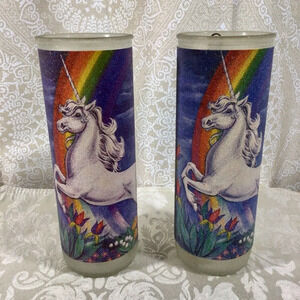 Vintage Unicorn Sugar Beaded Glass Pillar Candles - Set of 2